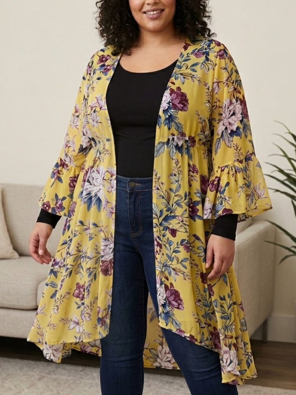 TORRID Floral Chiffon Duster Kimono Open Front Yellow Purple Sz 3/3X Cottagecore